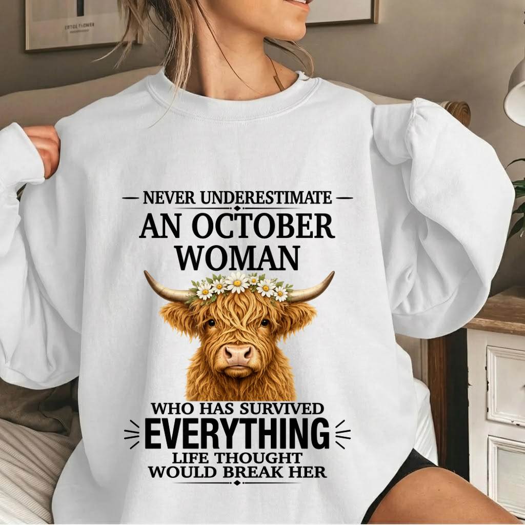 OCTOBER WOMAN HIGHLAND COW SHIRT - FOR WOMEN - TLEE10 (SKU2606-158-10)