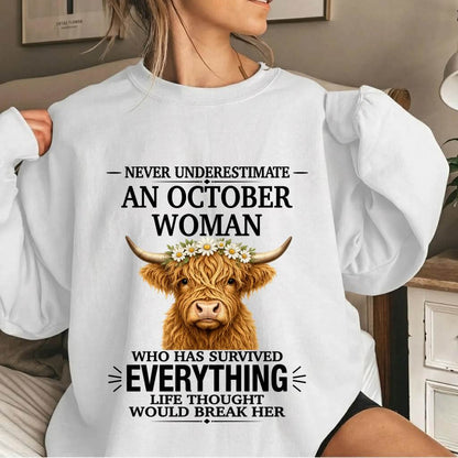 OCTOBER WOMAN HIGHLAND COW SHIRT - FOR WOMEN - TLEE10 (SKU2606-158-10)