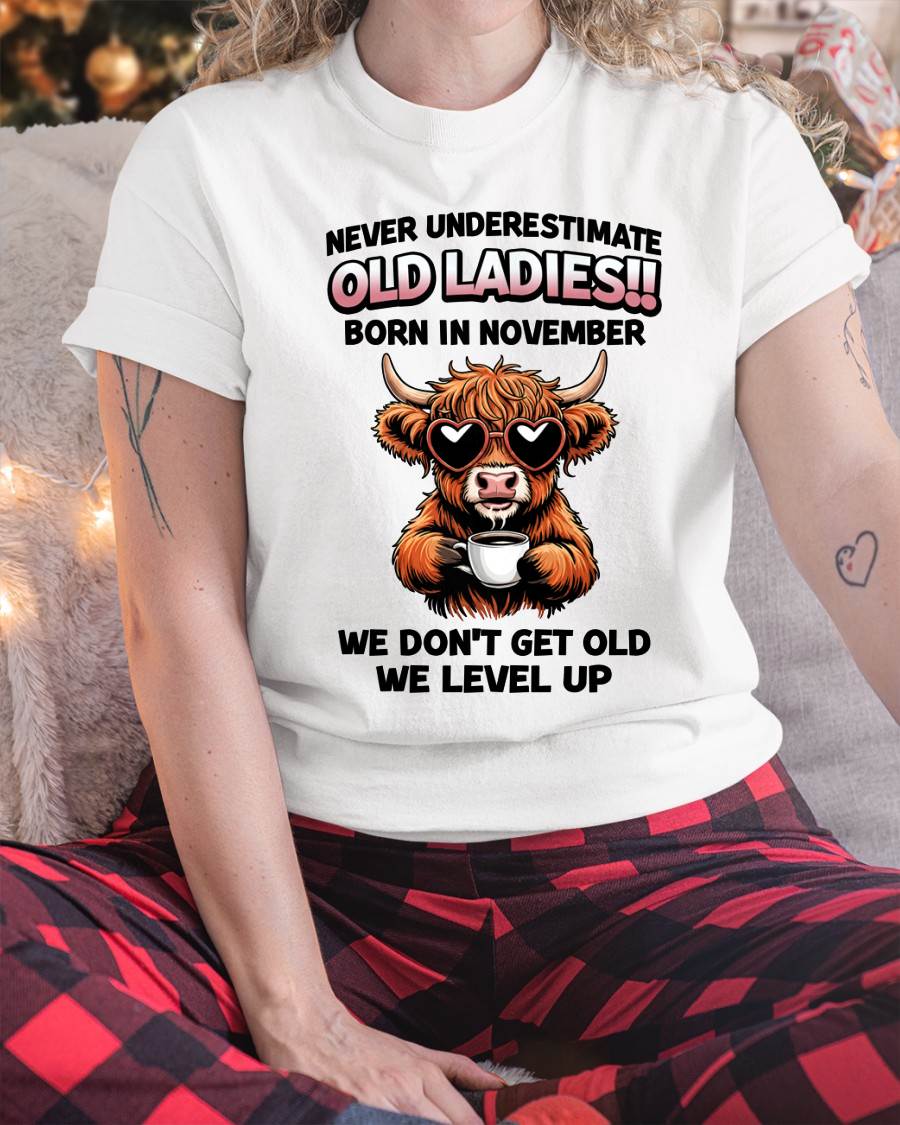 NOVEMBER BORN WOMEN LEVEL UP, NEVER GROW OLD SHIRT - FOR WOMEN - TLEE11 (SKU2606-79-11)