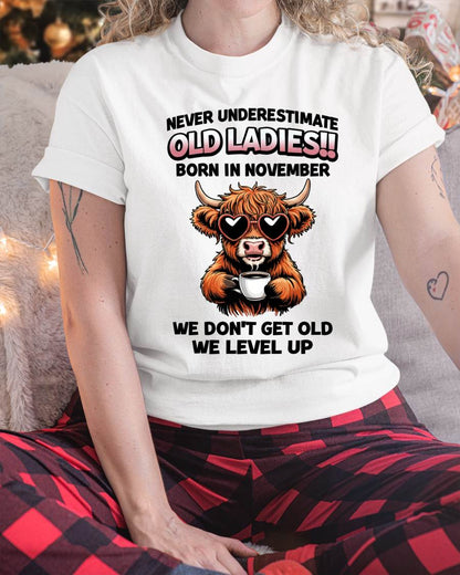 NOVEMBER BORN WOMEN LEVEL UP, NEVER GROW OLD SHIRT - FOR WOMEN - TLEE11 (SKU2606-79-11)