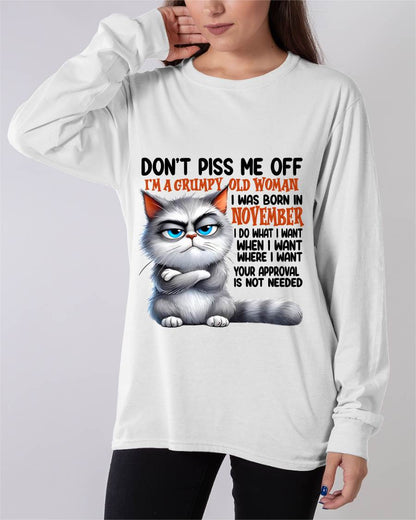 NOVEMBER GRUMPY OLD WOMAN CAT T-SHIRT – FUNNY ATTITUDE SHIRT - FOR WOMEN - TLEE11 (SKU2603-319-11)