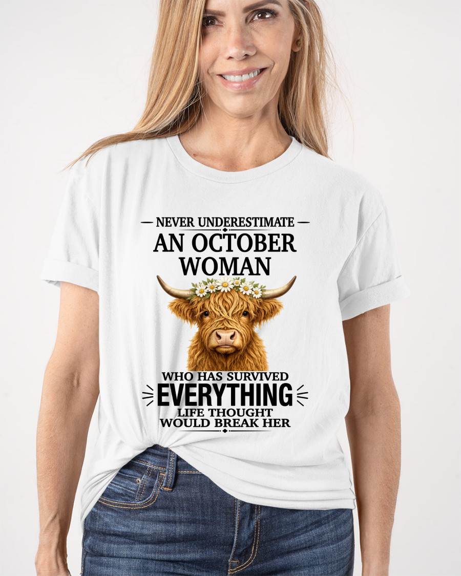 OCTOBER WOMAN HIGHLAND COW SHIRT - FOR WOMEN - TLEE10 (SKU2606-158-10)