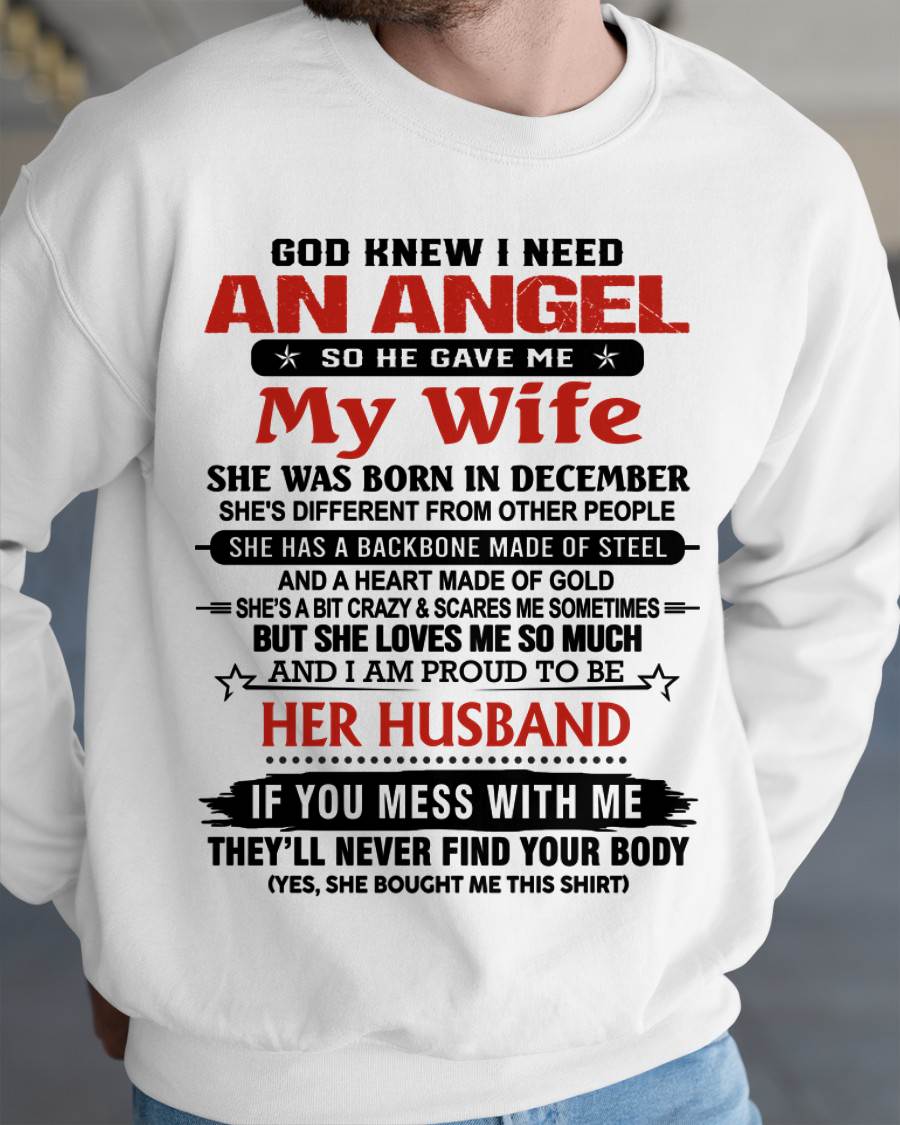 DECEMBER - WHEN I NEEDED AN ANGEL, GOD GAVE ME MY WIFE. PROUD TO BE HER HUSBAND - FROM WIFE - TLEE12 (SKU26T-01205-12)