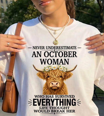 OCTOBER WOMAN HIGHLAND COW SHIRT - FOR WOMEN - TLEE10 (SKU2606-158-10)