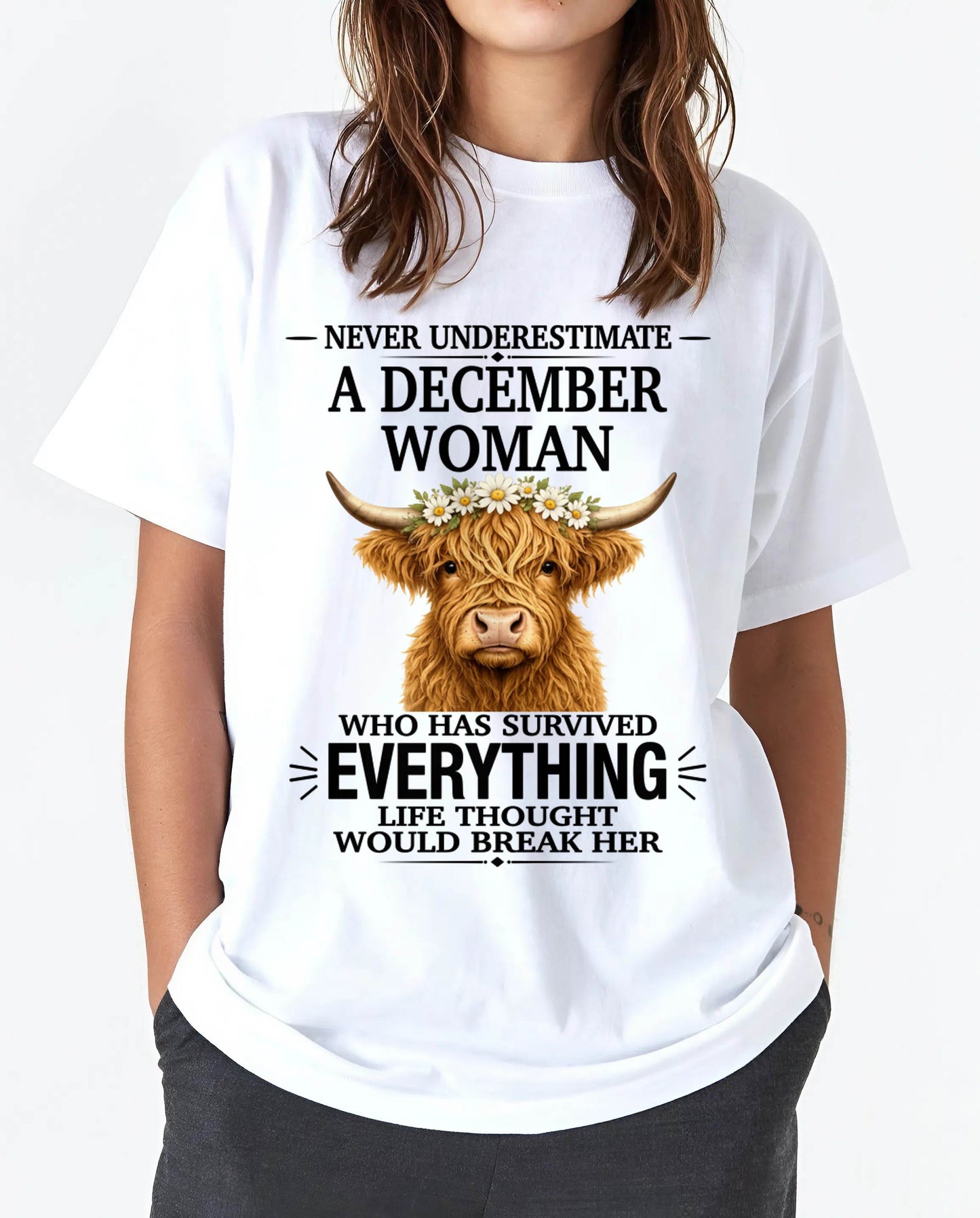 DECEMBER WOMAN HIGHLAND COW SHIRT - FOR WOMEN - TLEE12 (SKU2606-158-12)
