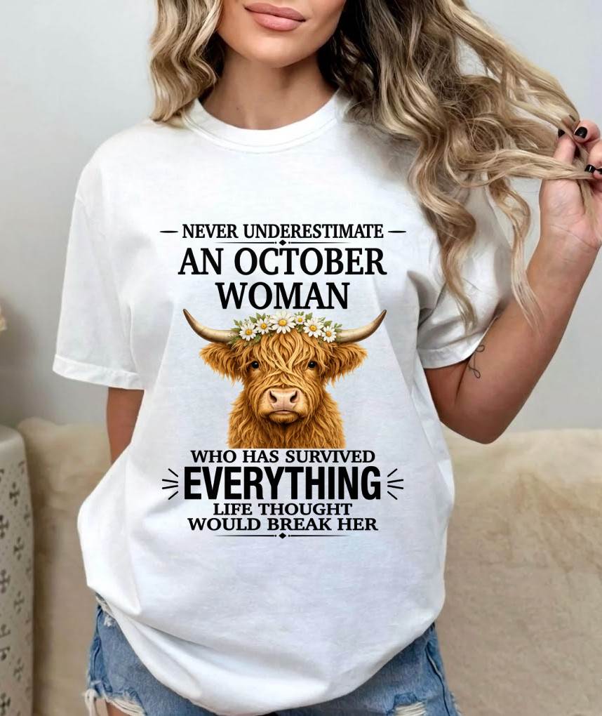 OCTOBER WOMAN HIGHLAND COW SHIRT - FOR WOMEN - TLEE10 (SKU2606-158-10)