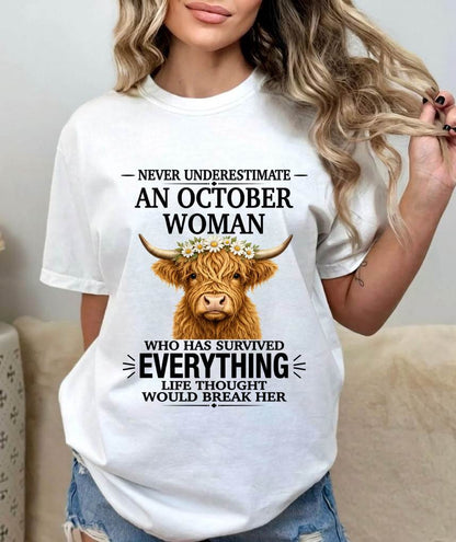 OCTOBER WOMAN HIGHLAND COW SHIRT - FOR WOMEN - TLEE10 (SKU2606-158-10)